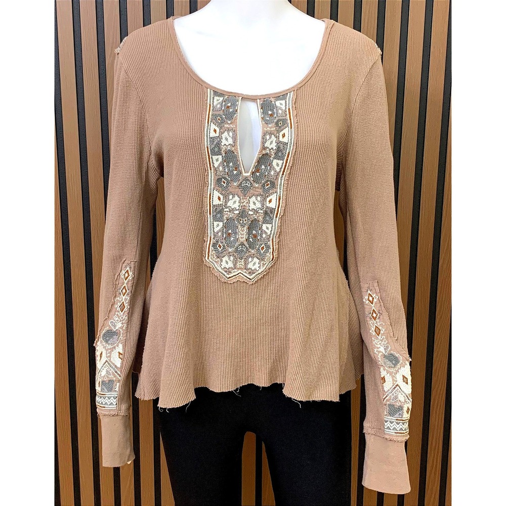Free People Women's Embroidered Thermal Waffle Knit‎ Top Mauve Brown L